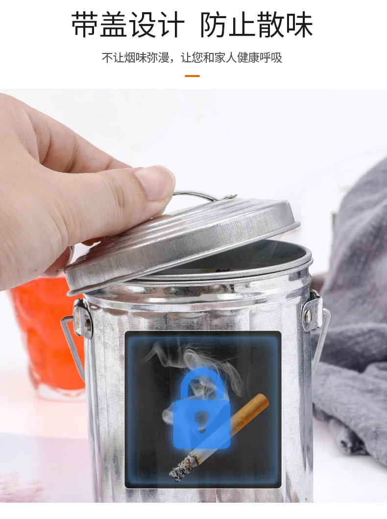 Großer Aschenbecher im Eimer-Stil mit Abdeckung aus Stahl, verzinkt, verzinkter Aschenbecher für Zuhause, Wohnzimmer, Aschenbecher für den Außenbereich, Aschenbecher, Mülleimer – Detail 6