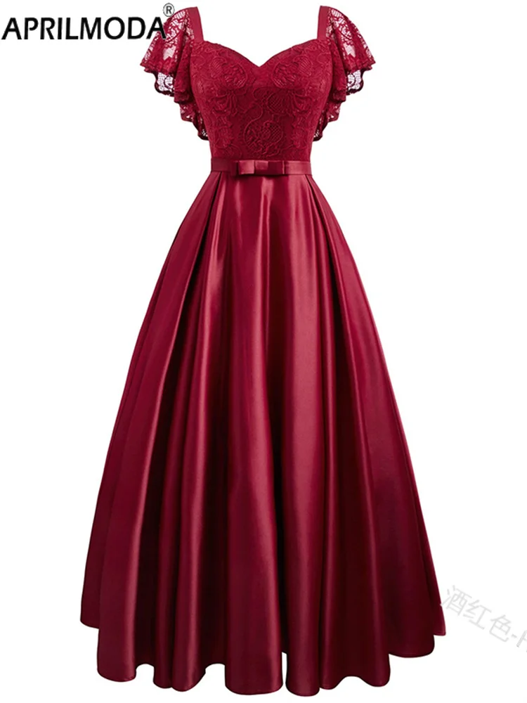 Elegante wunderschöne rosa türkis farbene Rüschen ärmel Party Satin langes Kleid Spitze Ballkleider Hochzeit Dame Herbst Abend Maxi kleider