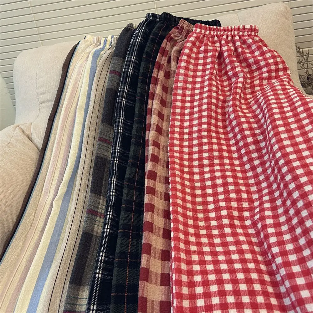 Tall Women's Plaid Sleep Pants Summer Loose Casual Walking Pants Home 170cm Straight Long Pants Home Leisure Thin Polyester