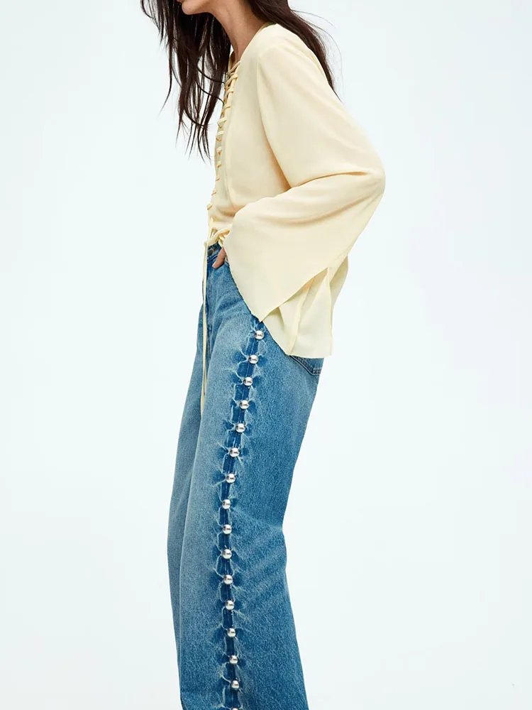 2025년 여름 신상 여성 긴팔 셔츠 루즈핏 쉬폰 와이드 웨이스트 디자인 브이넥 단색 출퇴근 스타일 탑