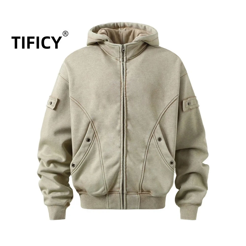 

Men's New Street Hip Hop Hooded Sweatshirts with fleece Lining Coat Winter Warm Think Wasteland Washed Zipper Hoodie Jackets