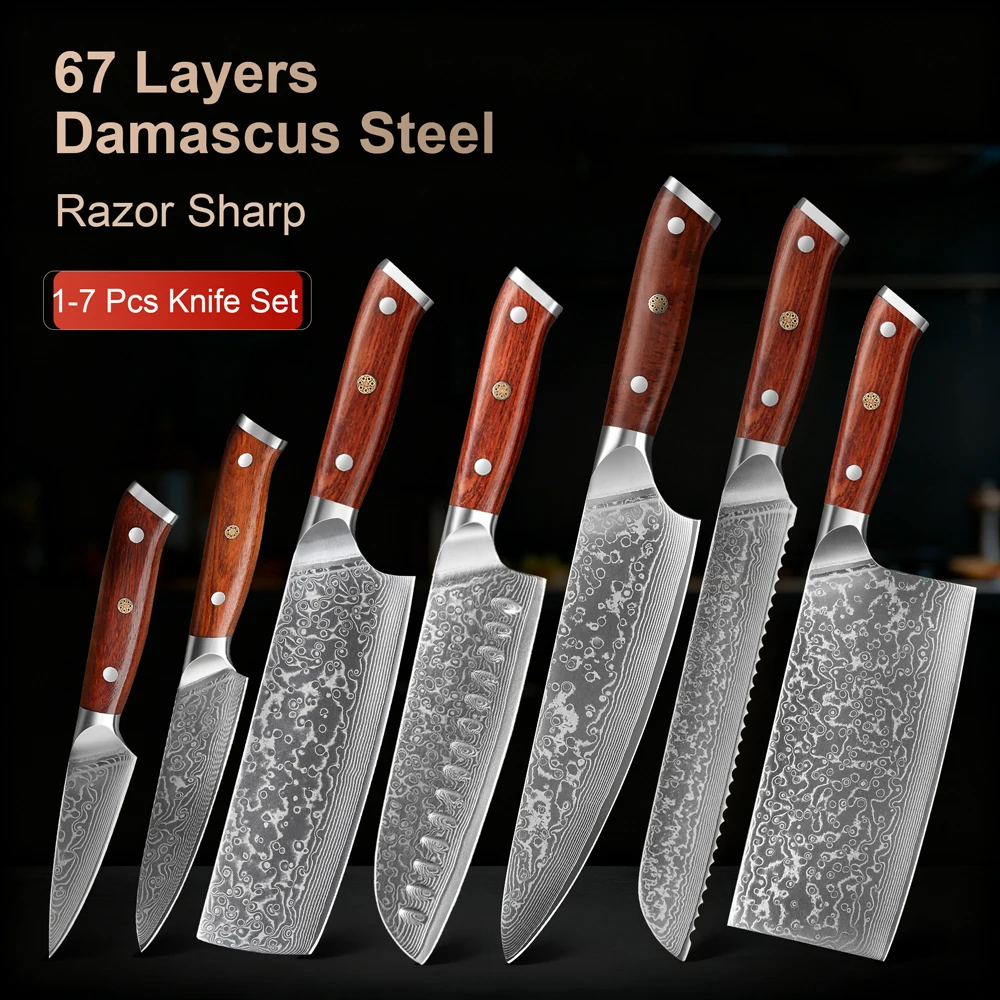 7PCS Chef Knife Set Kitchen Knife Set 67 Layers Damascus Steel Rosewood Handle 60HRC Sharpness Gift Box Kitchen Tool
