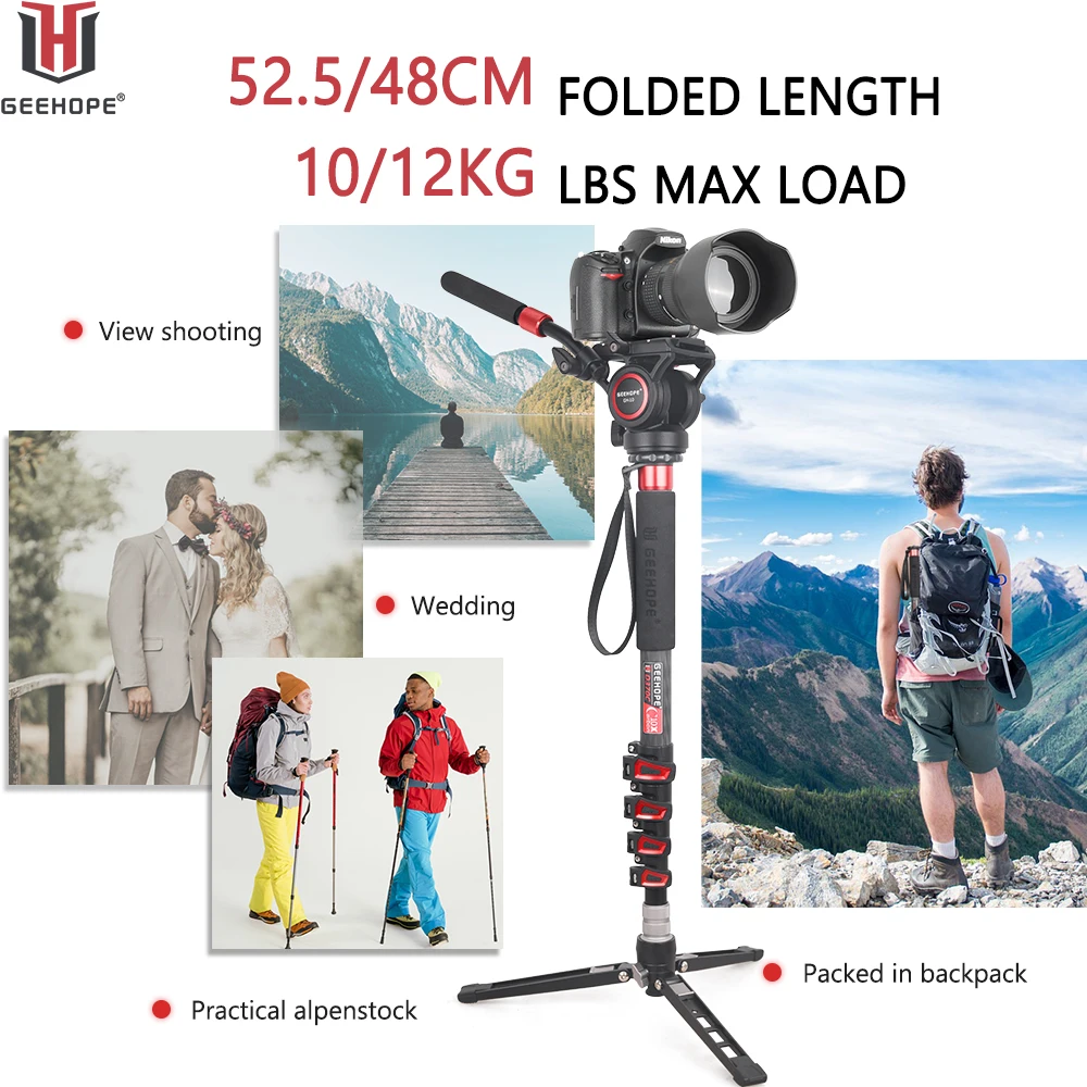 GEEHOPE D260C/370C Professional Carbon Fiber Portable Travel Monopod Max Load 10/12kg for Digital DSLR Camera Video Camcorder