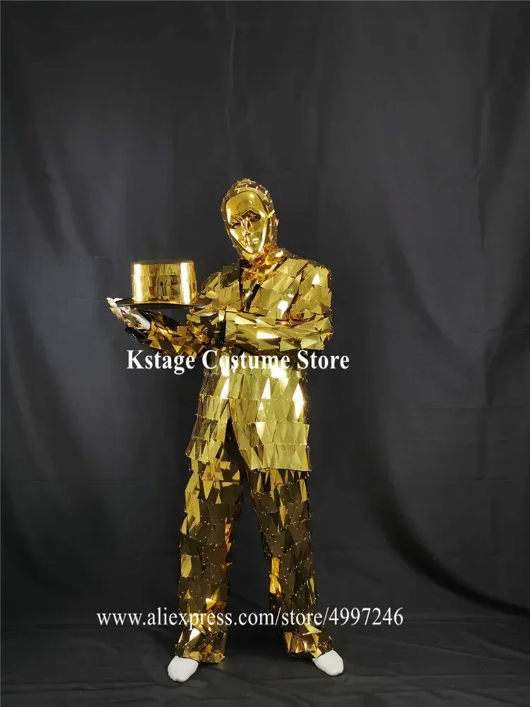 Męskie stroje roboty, złote, lustrzane, garnitury, na występy klubowe, na wybieg, stroje do tańca lustrzanego, kostiumy na dyskotekę, kurtka, lustrzany kapelusz DJ-a, strój.