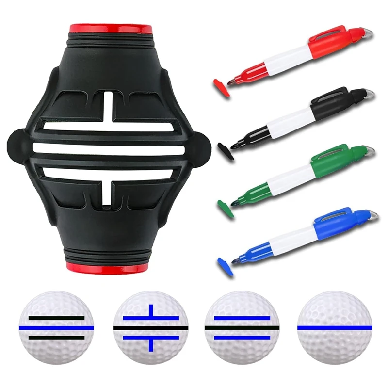 Golf Ball Marker Stencil With 4 Color Marker Pens, 360°/180° Triple Line Golf Ball Markers Kit Golf Ball Liner Drawing