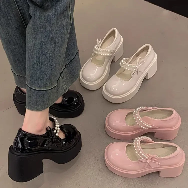 Korean Style Mary Jane Shoes Women's Spring Autumn New Pearl Beautiful Fashion Thick Bottom Small Leather Shoes Women