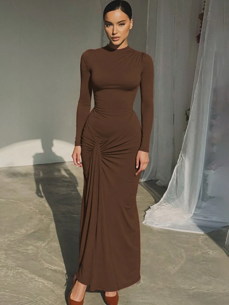 Fdyoui moda manga longa túnicas de cintura alta magro camiseta vestido feminino 2025 outono o-pescoço túnicas ruched sólido longo vestidos de escritório