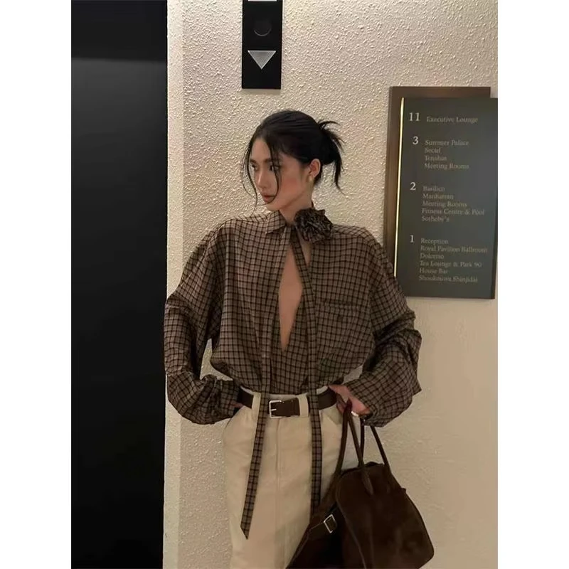 

Y2K Hollow Out Plaid Shirts Women Vintage Streetwear 3D Floral Lace Up Blouses Harajuku Long Sleeve Loose Design Tops New