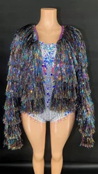 New Fashion Women's Outfit Sp Luxury Coatarkly Sequins Rhinestones Tight Bodysuit Fringes Show Stage Performance Singer Costume