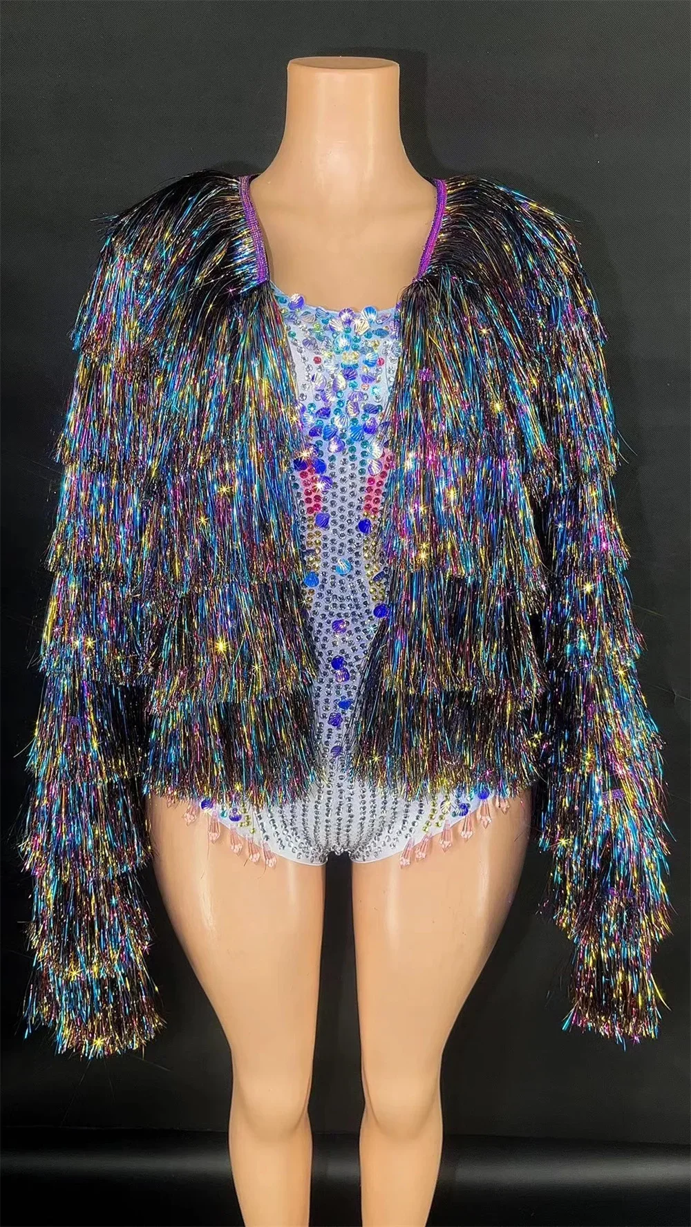 New Fashion Women's Outfit Sp Luxury Coatarkly Sequins Rhinestones Tight Bodysuit Fringes  Show Stage Performance Singer Costume