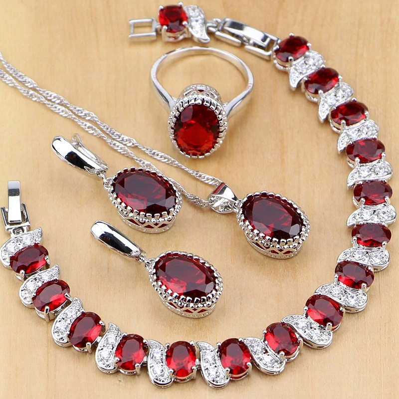 Natural 925 Silver Jewelry Red Birthstone Charm Jewelry Sets Women Earrings/Pendant/Necklace/Ring/Bracelets T055