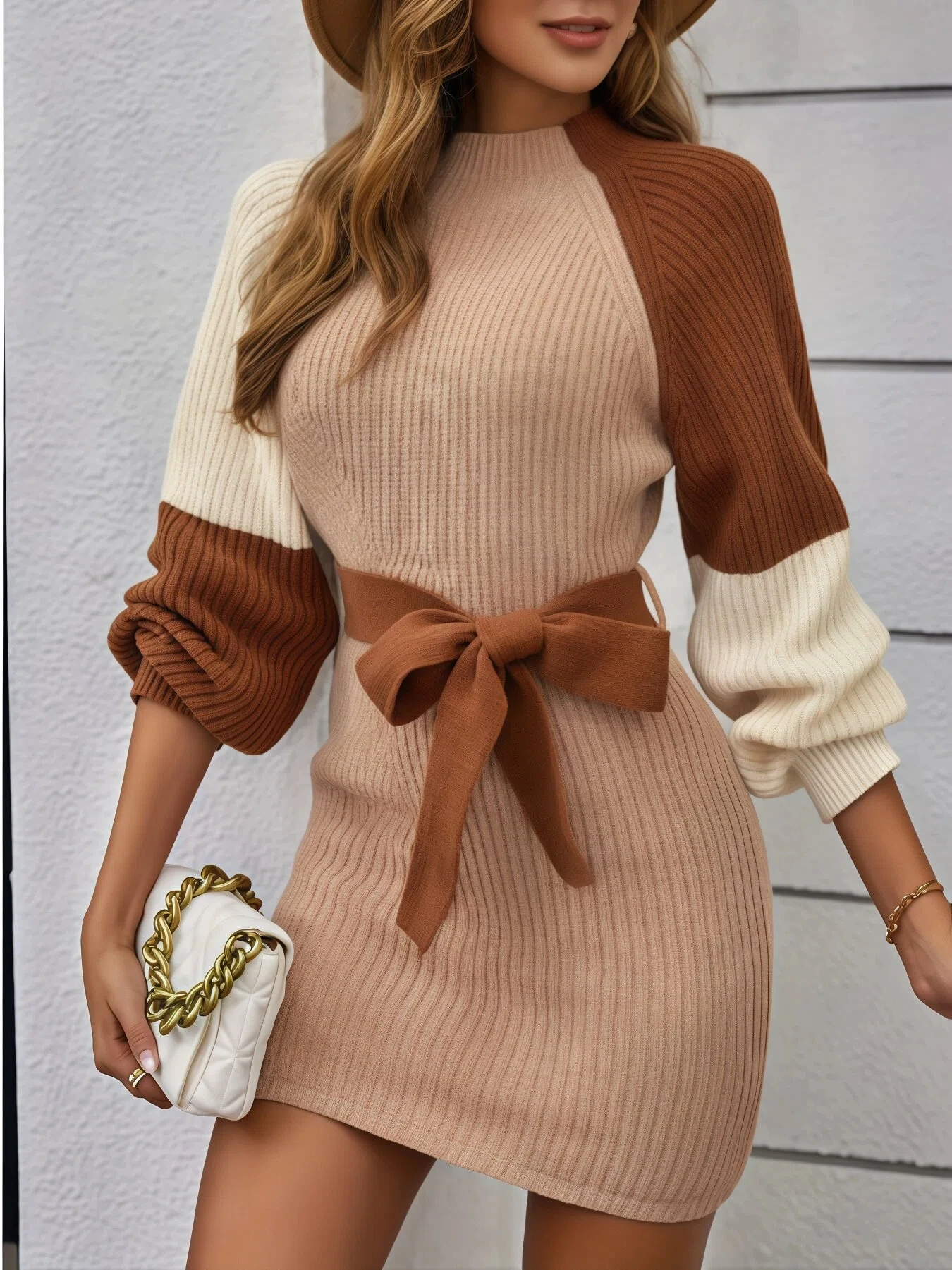 Ladies Colorblock Knit Sweater Dress Raglan Long Sleeve Bodycon Mini Dress Belt Fall Winter Elegant Party Women Knit Dresses