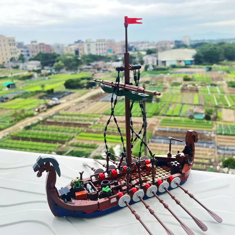 MOC Mittelalterliches Wikingerschiff 463 Teile Ozean-Abenteuer-Navigationsboot Bausteine Lernspielzeug-Set Festival-Party-Geschenke