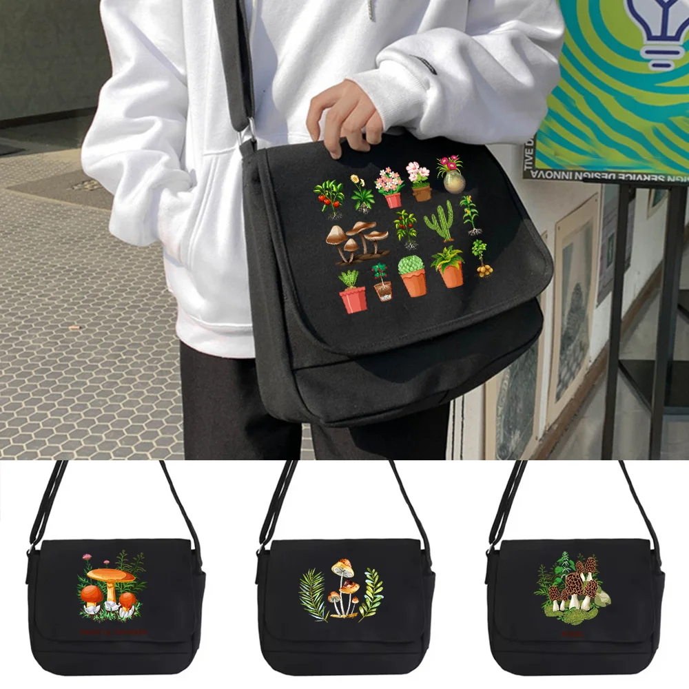 Messenger Bag Large Capacity Shoulder Bags Canvas Flap-bag Mushroom Series Teenager Shoulder Tote Bags  Portable Organizer Pouch