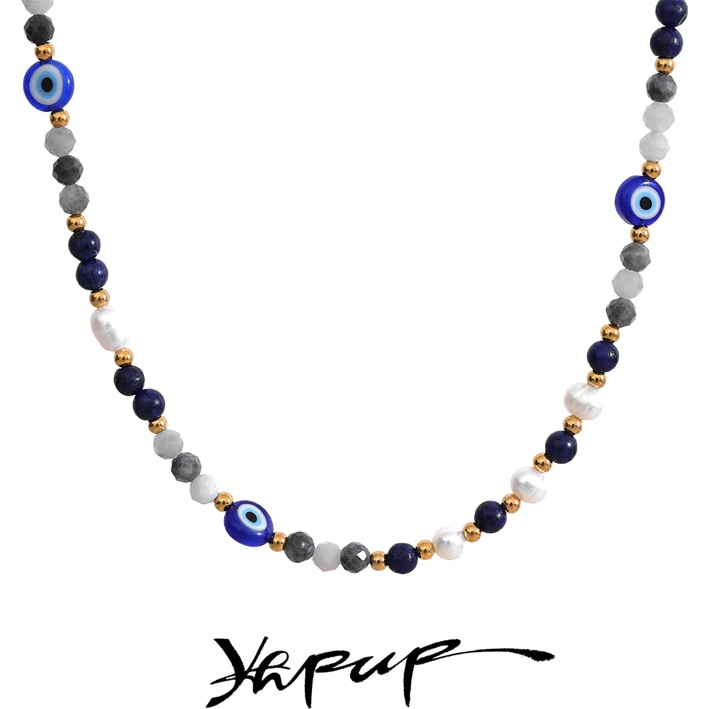 Yhpup Grey Crystal Natuurlijke Parel Steen Kalkoen Oog Kralen Ketting Rvs Vintage Kraag Ketting Handgemaakte Mode Sieraden