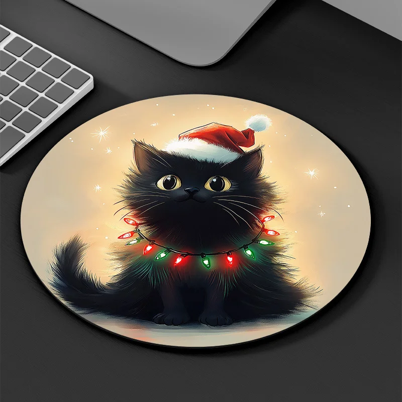 

Holiday black cat round mousepad Santa hat and Christmas light anti-slip rubber base waterproof suitable for gamers and offices