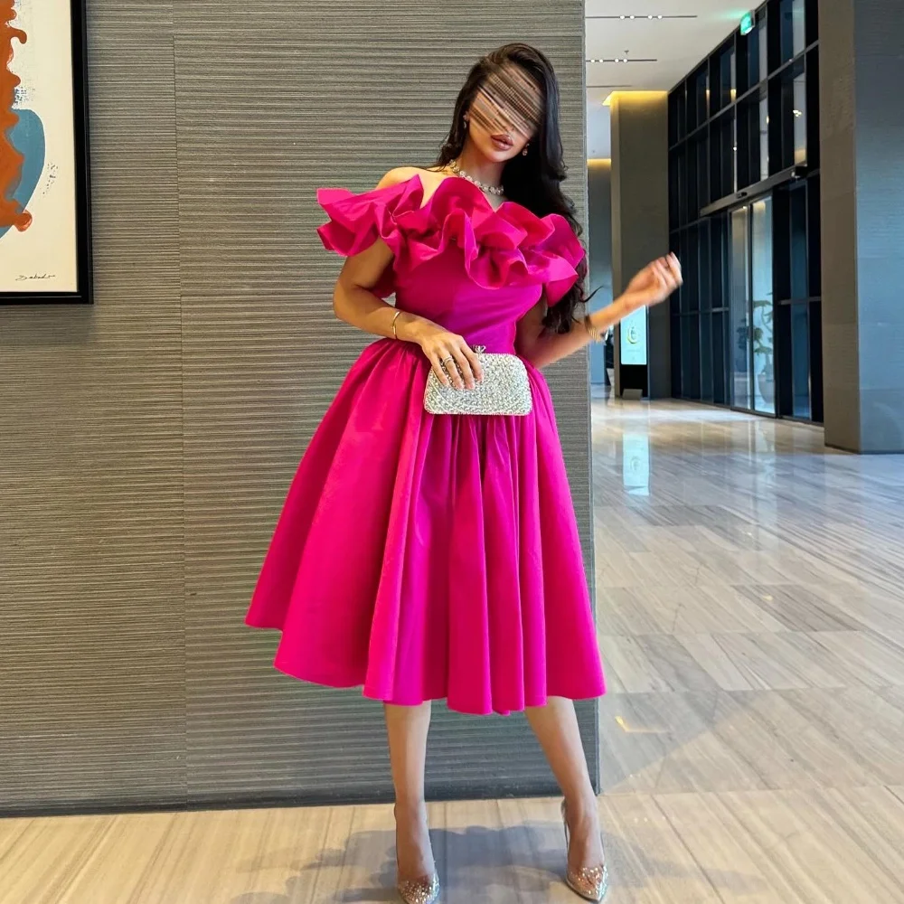 

Customized Matching Jersey Pleat A-line Off-the-shoulder Midi Dresses Prom Dresses Classic Exquisite Modern Style Pastrol Chine