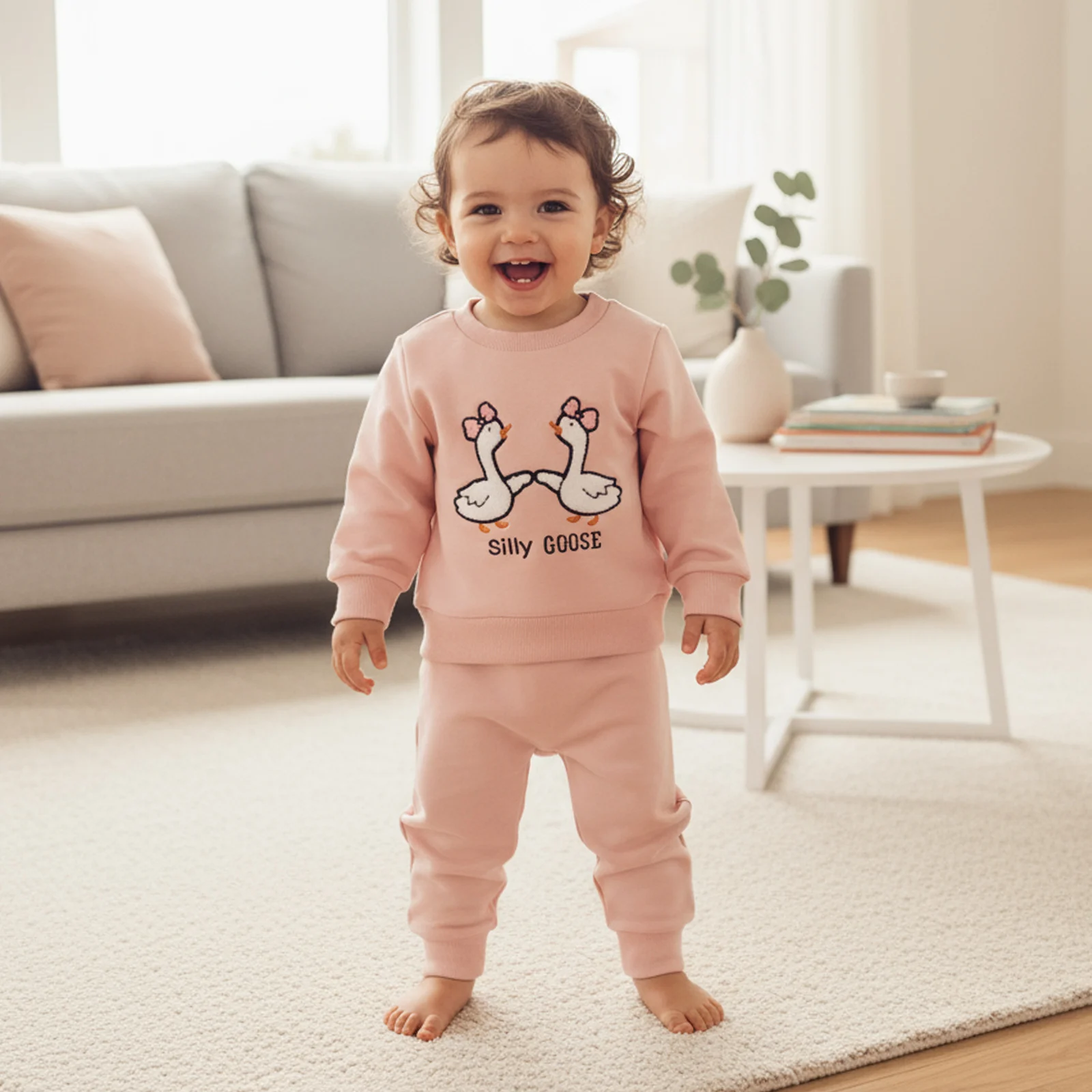 

Suefunskry Toddler Baby Girl 2Pcs Fall Outfits Long Sleeve Goose Embroidery Pullover Tops +Elastic Waist Pants Set