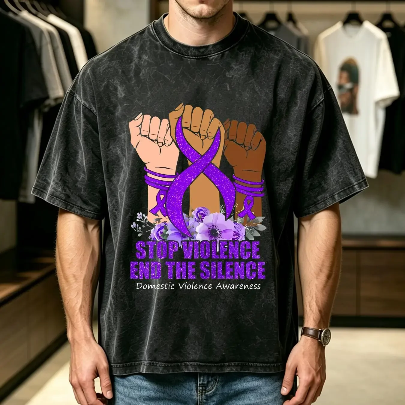 washed T Shirt Domestic Violence Awareness Stop End Silence Ladies' Crewneck vintage Washed fashion Stretched graphic