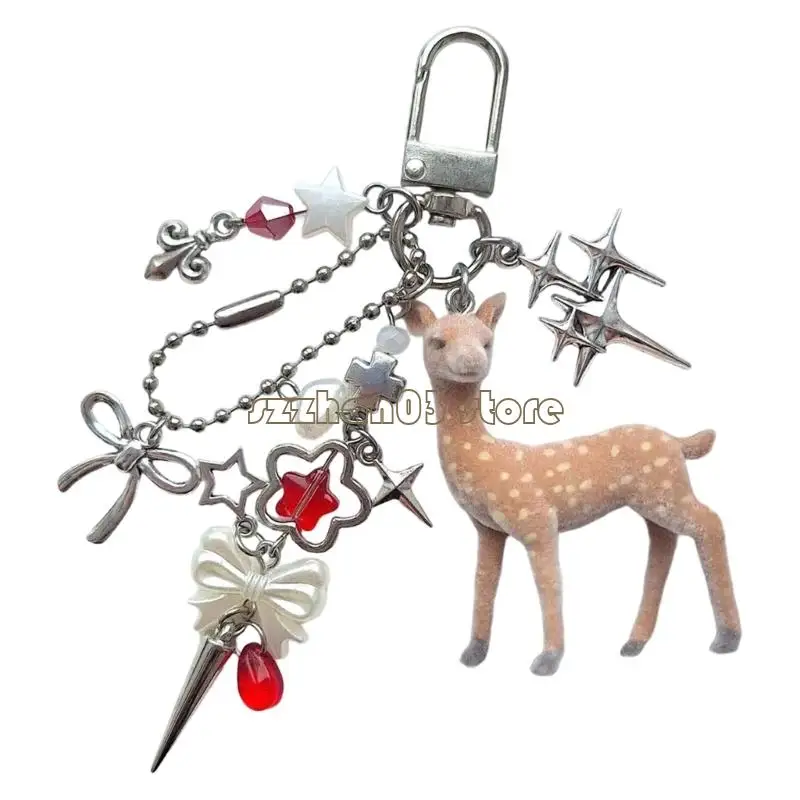 367C Deer Shaped Flocking Beaded Chain Flower Charm Keyring Ornament for Comfortable Use as Holder Bag Charm