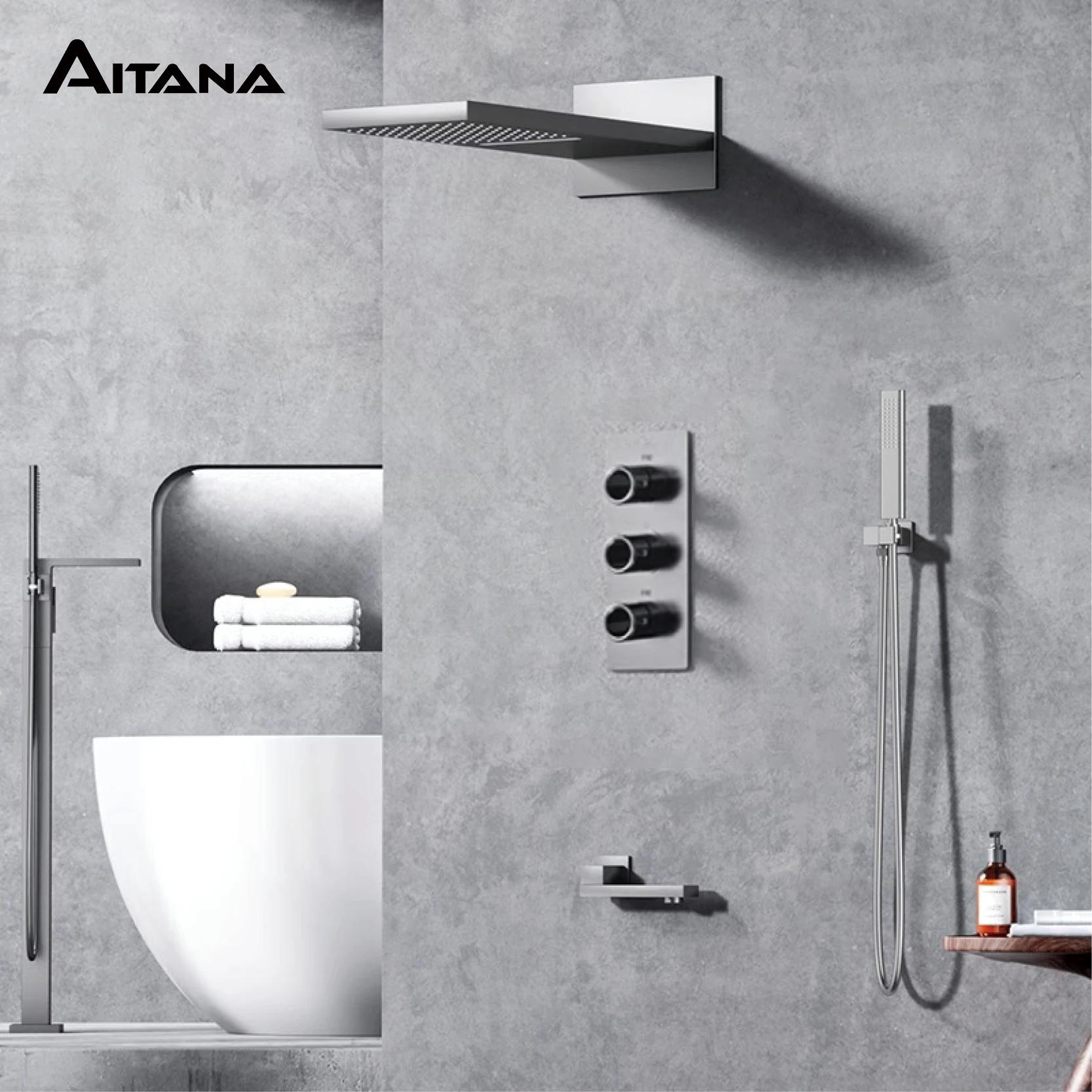 

Bathroom Luxury Brass Gun Grey Built-in LED Display Thermostatic Shower System.Wall-Mounted Rainfall/Waterfall Spray Dual Outlet
