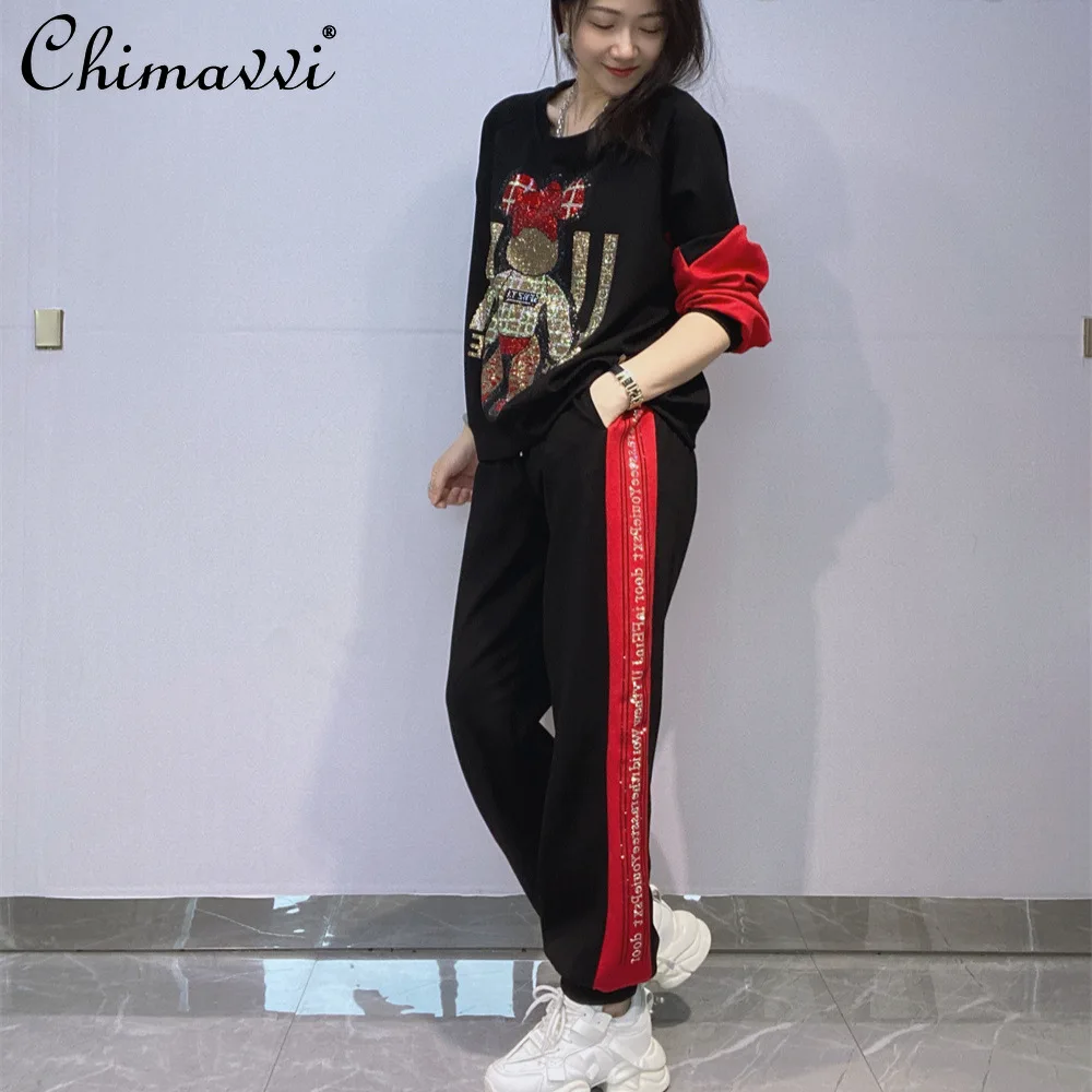 

Oversized Women's Rhinestone Round Neck Long Sleeve Sweatshirt Set Women Autumn Korean Fashion Casual Sportswear Two-Piece Set
