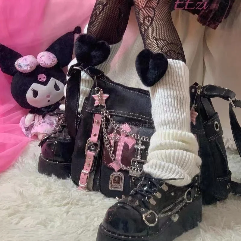 Gorąca dziewczyna torebka Sanrio Hello Kitty peryferia Gothic Punk Vintage różowe łańcuszki Crossbody torba na ramię Y2k modny prezent dla