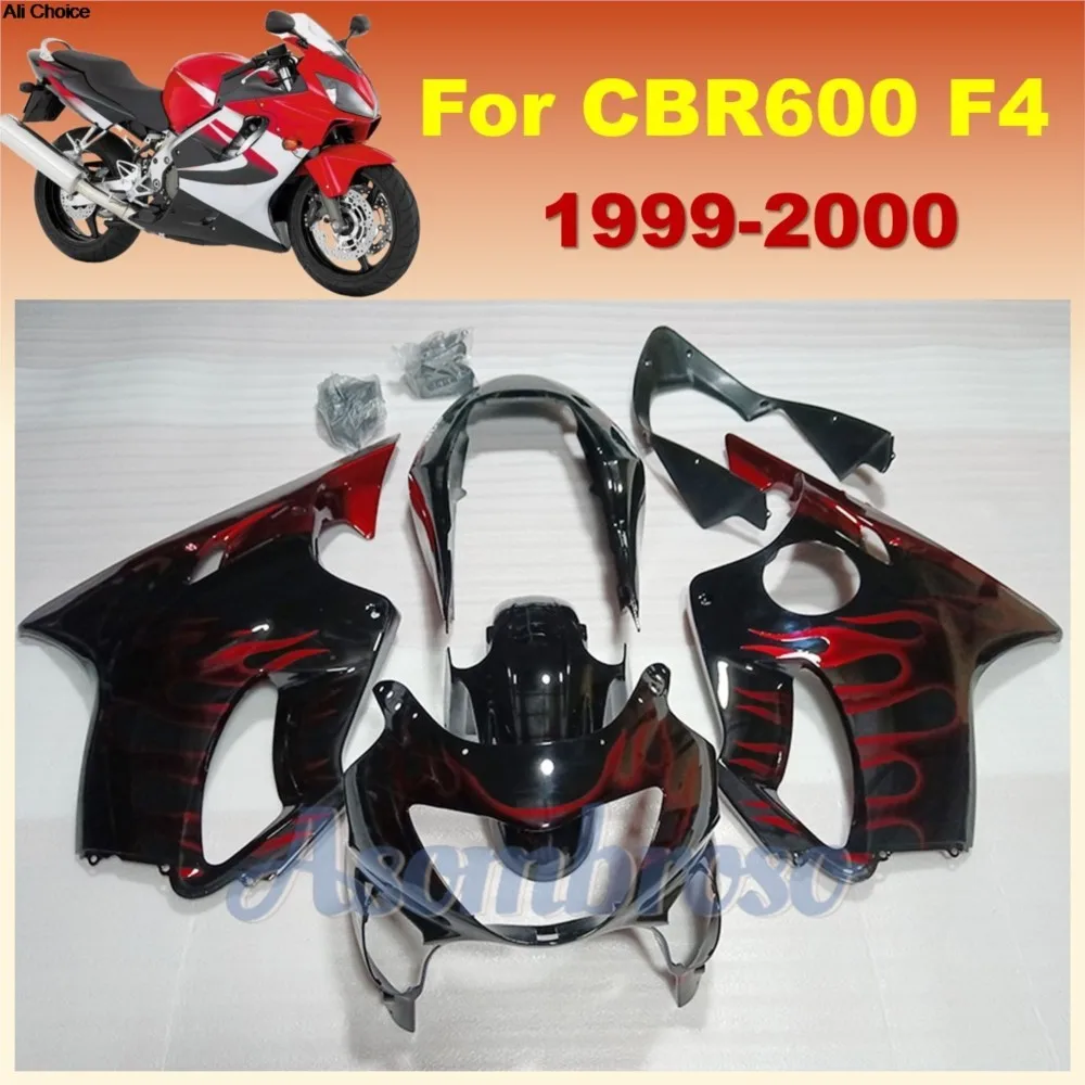 Fairing Kit Fits CBR600F4 1999 2000 Red Flame Black Fairings CBR600 99 00 F4 Injection Wrecked Bike Bodywork