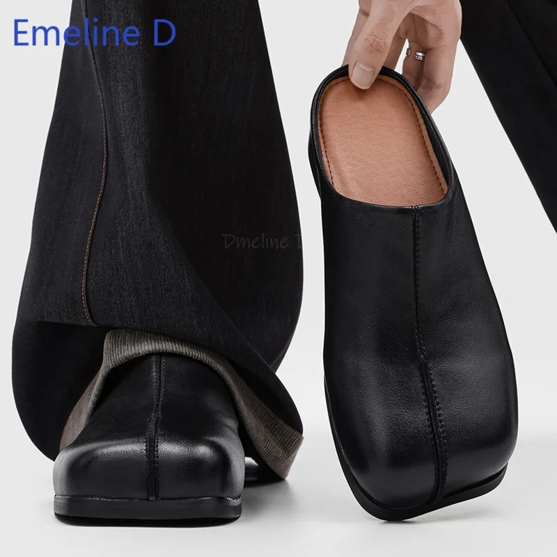 Men Square Toe Mule Shoes Center Front Stitch Backless Slip On Low Block Solid Black Minimalist Urban Daily Casual Outdoor Shoes