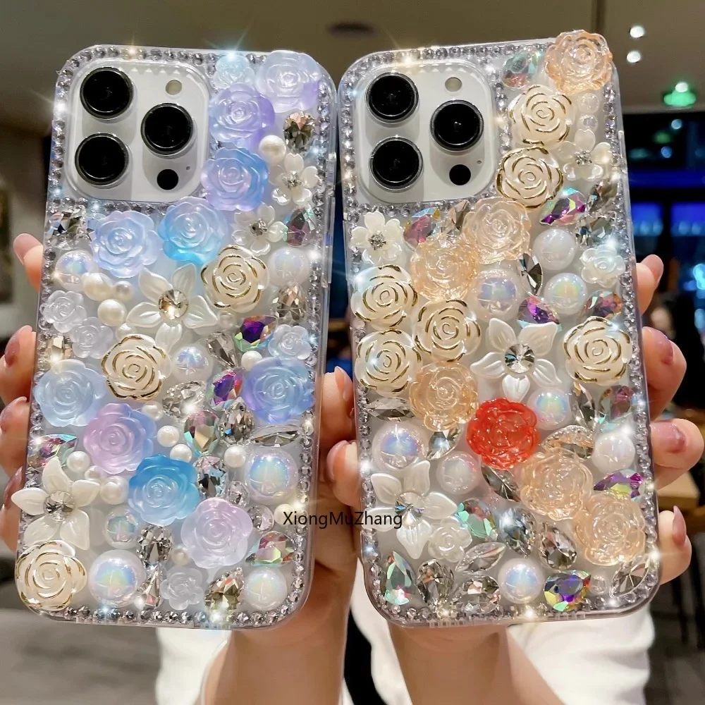 Luxuriöse Strass-Perlen-Blumenhülle für iPhone 16 Pro Max 15 14 13 Pro 12 Mini 11 Pro Max 15 17 18 Pro Kristall-Mädchen-Handyhülle – Detail 1