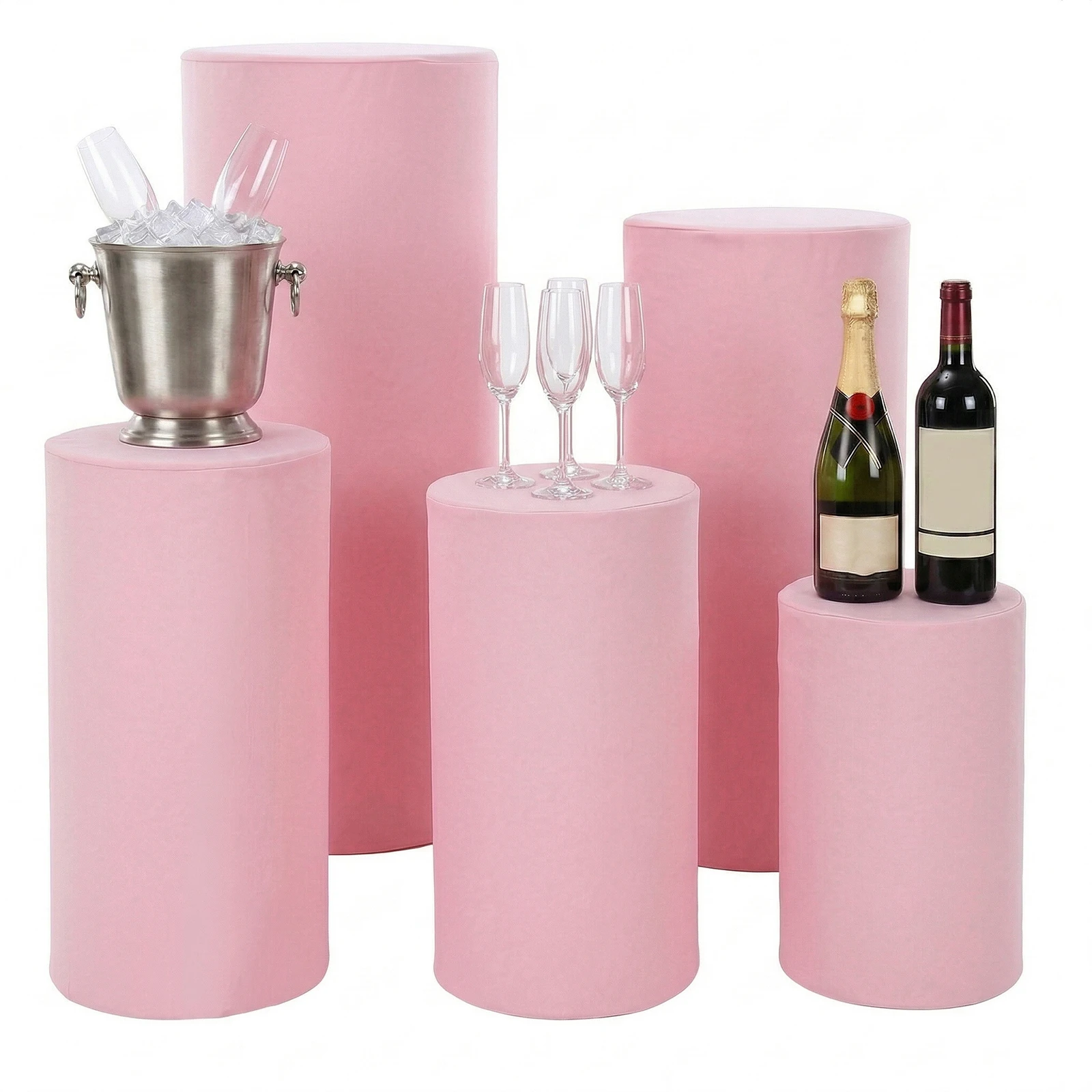 

5Pcs Cylinder Pedestal Stand Covers Reusable Elastic Cloth Pillar Plinth Cover Without Stands for Wedding Props Babyshower Birthday Party (Light Pink)