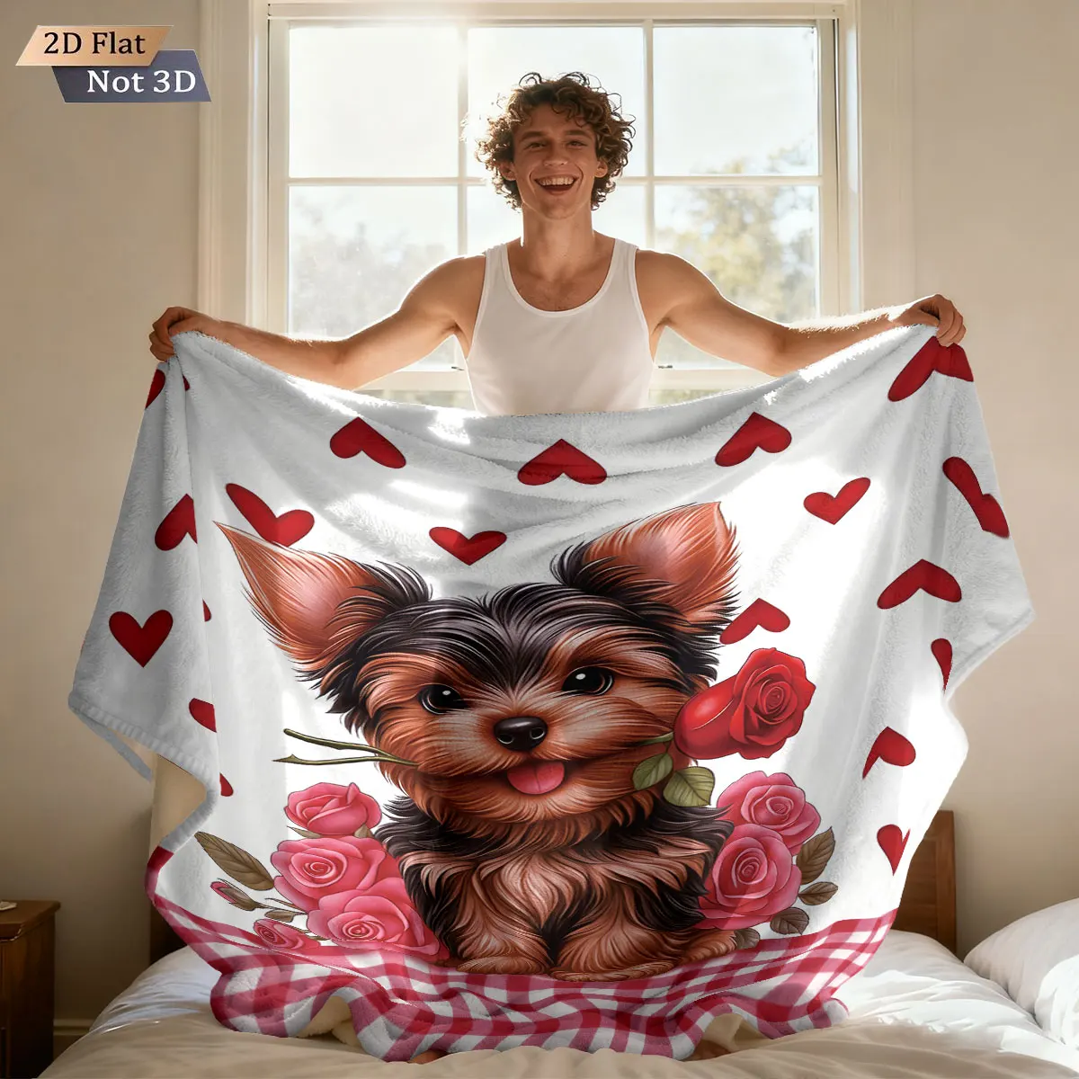 1 Stück Valentinstag, romantische Liebe, Yorkshire-Hundedruck, Flanelldecke, mehrere Größen, weich, bequem, lässig, Nickerchenbezug, Teppich