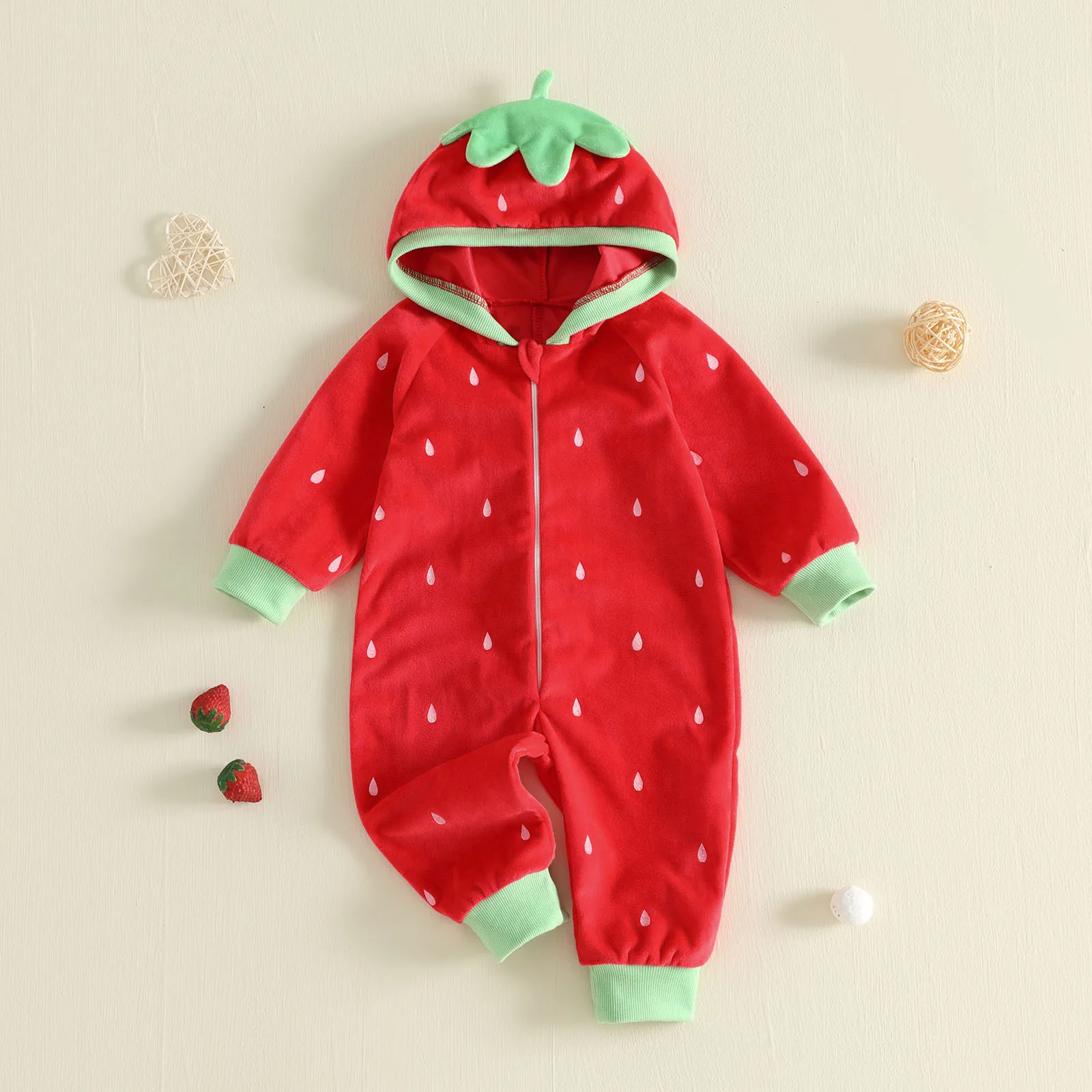 0-4Y Winter Autumn Toddler Baby Girl Strawberry Costume Fleece Long Sleeve Velvet Hooded Jumpsuit Overalls Halloween Clothes