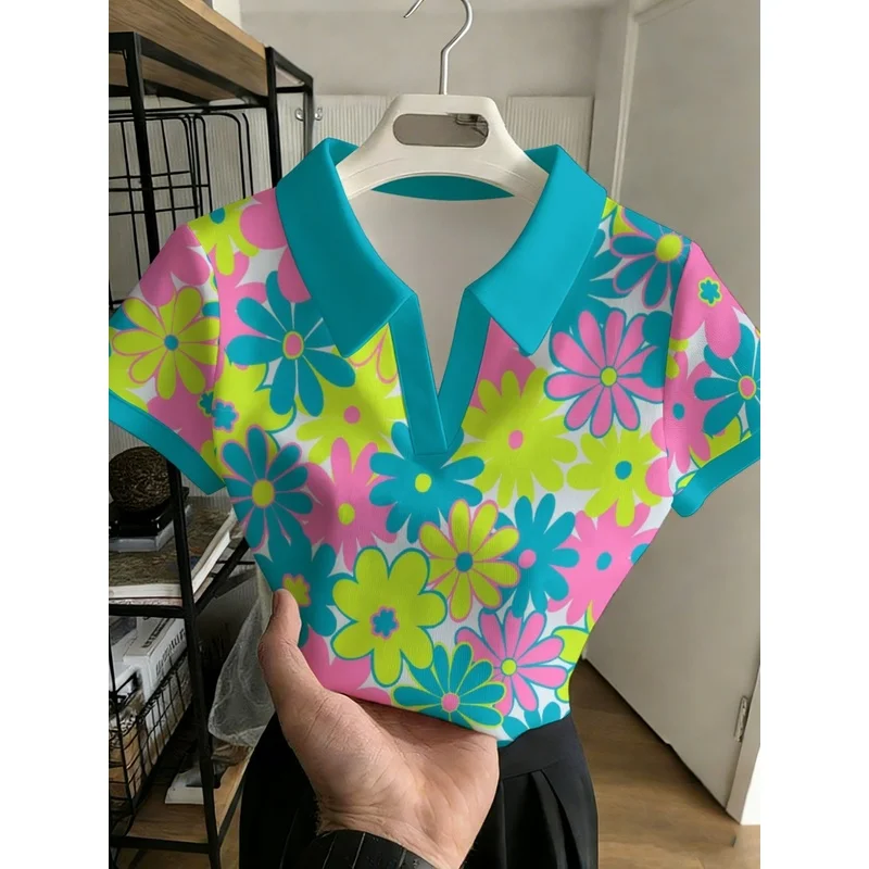 Dopamine Color-Blocking Neon Daisy Print Short-Sleeve Shirt for Women Women's Collared T-Shirt