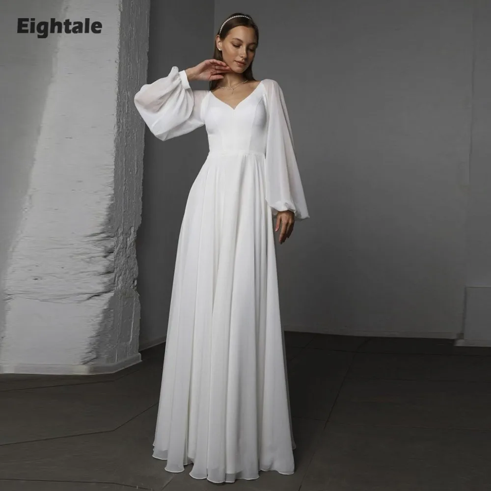 Eightale Arabic Wedding Dresses Customized V-Neck A-Line Long Sleeve Ivory Chiffon Beach Bridal Gown Vestidos De Novia