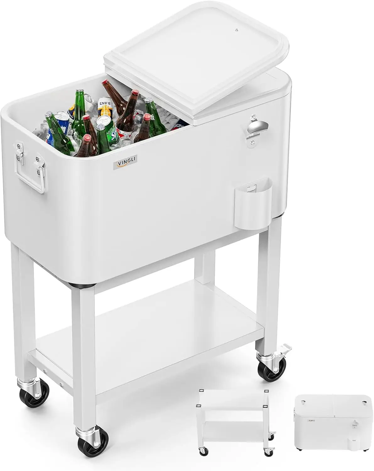 

Patio Cooler, Rolling Ice Chest on Wheels, Portable Patio Party Bar Drink Cooler Cart, with Shelf, BeveragePool with Bottle