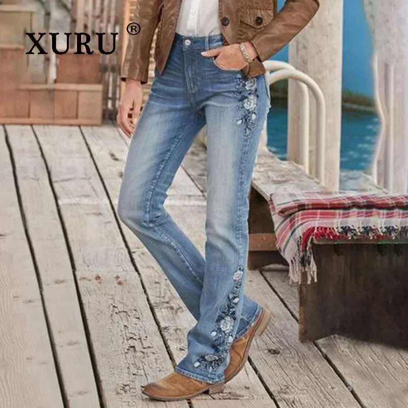 

XURU-Women's Vintage High Waist Embroidered Jeans, Slim Fit, Slim Denim Trousers, European and American, K1-1109