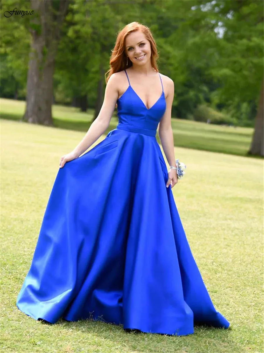 

Funyue A Line V Neck Royal Blue Prom Dresses Long Sexy Backless Satin Evening Gown Woman Party Night Formal Graduation Dresses