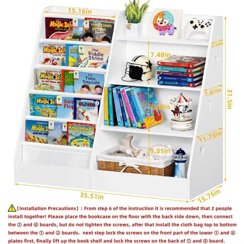 Children's Bookcases, 4 Tier Kids Bookshelf and Storage Organizer, 5 Deep Storage Sling Pockets, Toddler Wooden Book Shelf