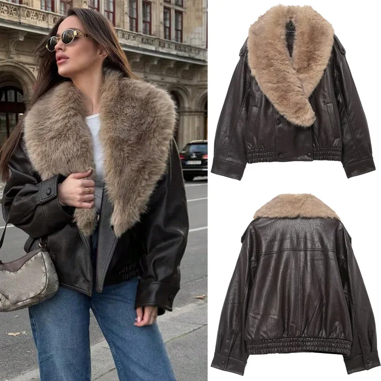 Women's Dark Brown Leather Jacket with Oversized Beige Faux Fur Collar Short Warm Luxury Winter Outerwear 2026