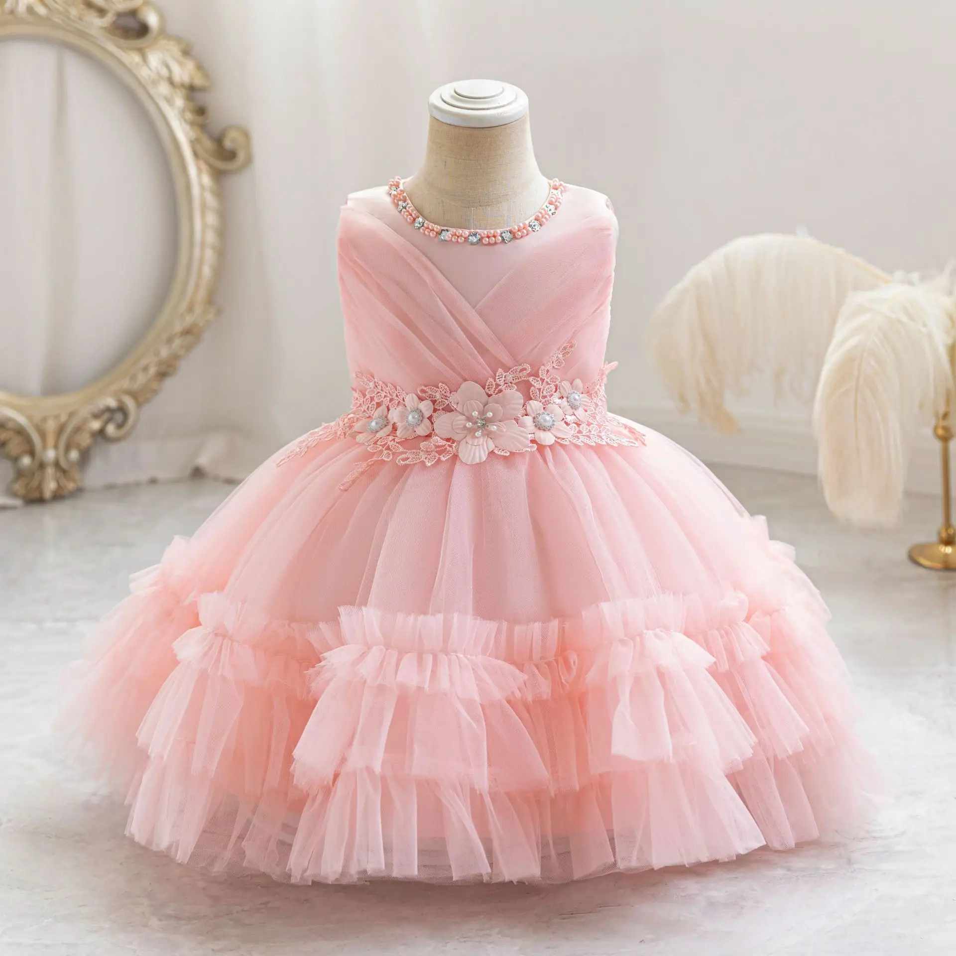 HETISO Baby Girl Dress Tulle Flower Pearl Kids Princess Dresses for Wedding Birthday Party First Communion Toddler Gown