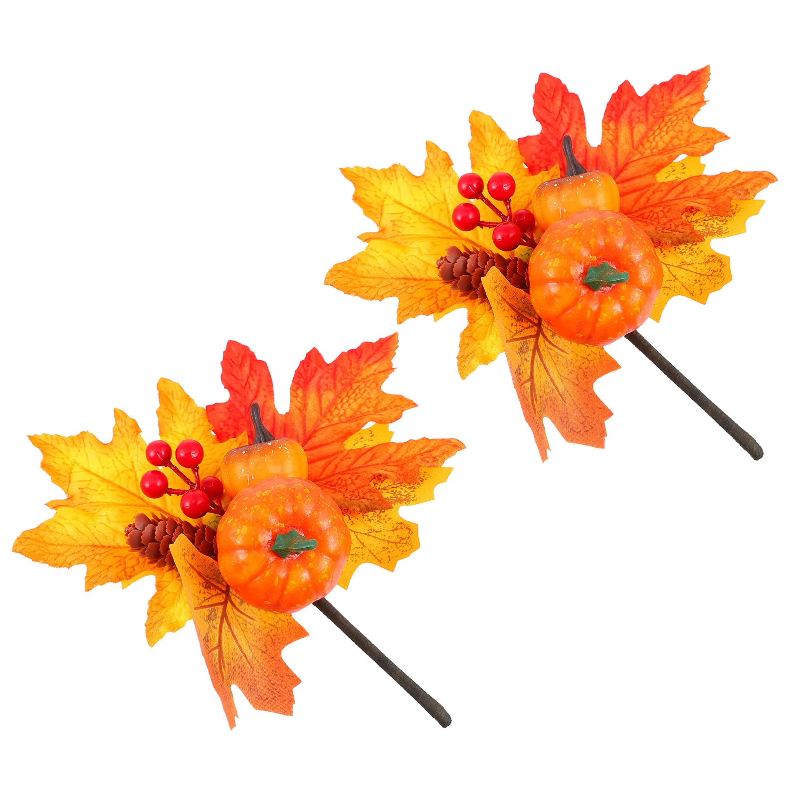 

2pcs Artificial Pumpkin Decor With Maple Leaf Stakes Autumn Harvest Festival Props Halloween Yard Garden Decoration