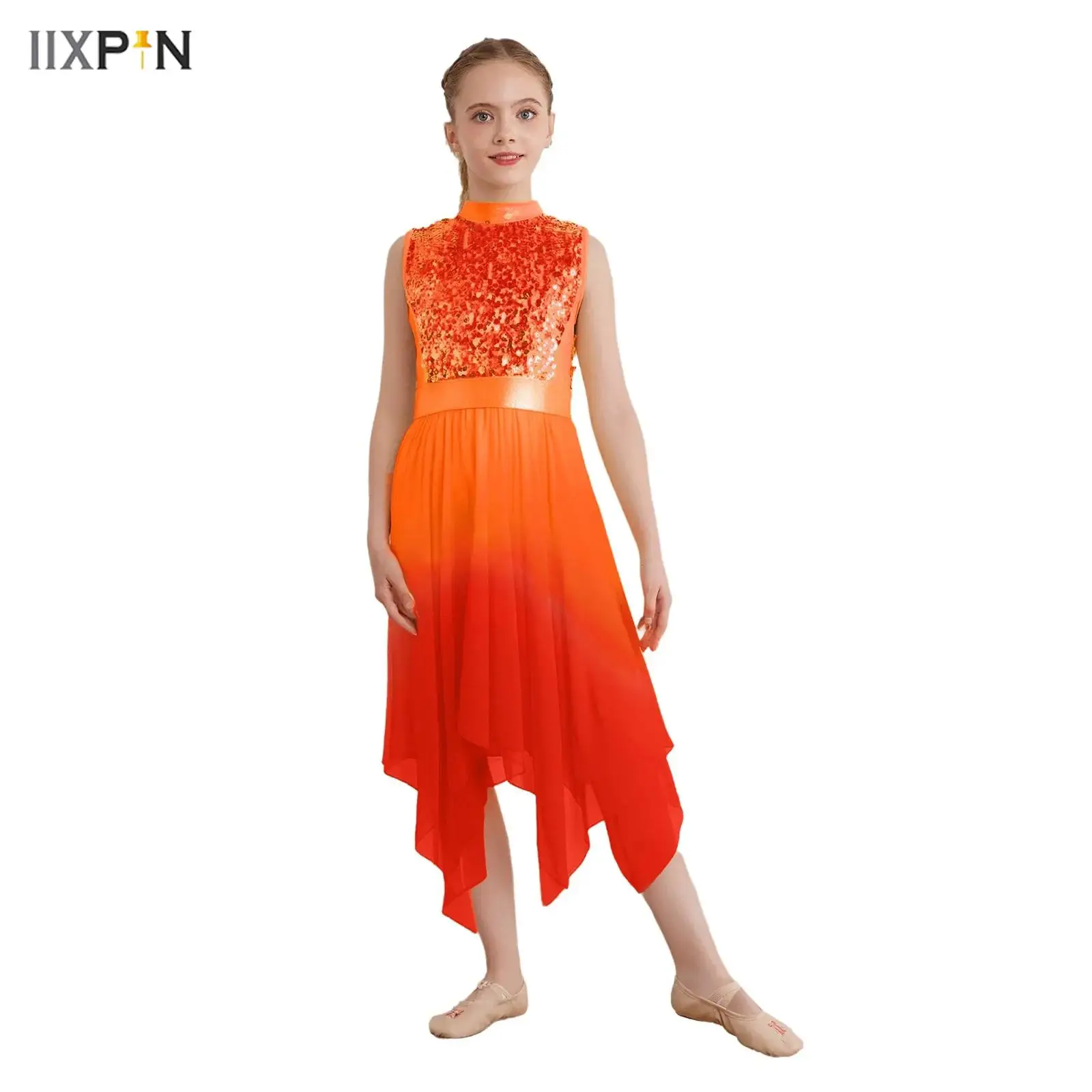 

Girls Liturgical Worship Praise Dance Tunic Dresses Contemporary Lyrical Dancewear Sleeveless Sequins Bodice Asymmetrical Dress