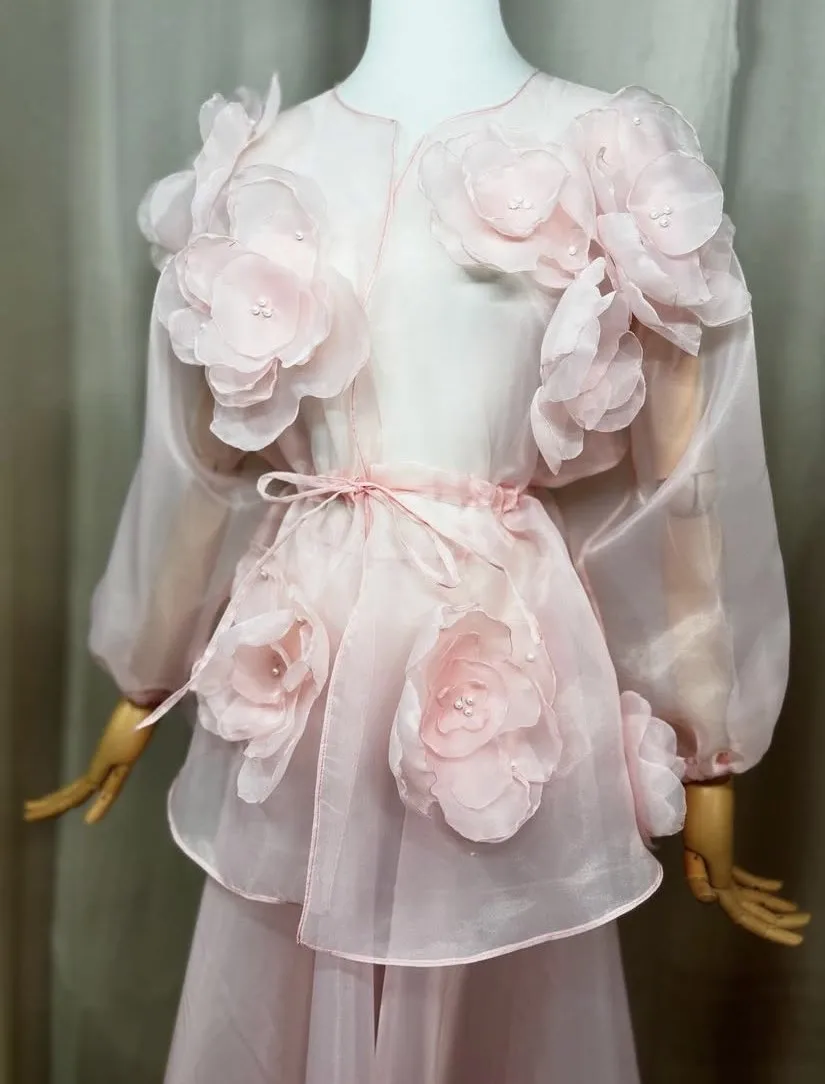 Blush Pink Sheer Party Blouse Floral Layered Custom Made Organza Top Transparent Sleeves Flower Handmade