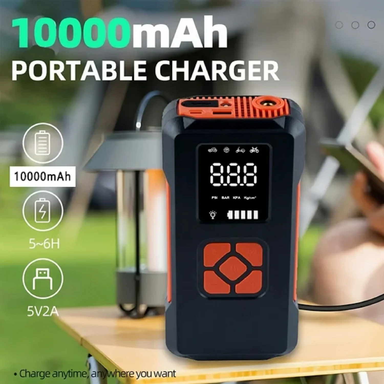 MD02 2-in-1 Cordless Tire Inflator/Power on, 10.0Ah 150PSH Air Compressor,Emergency LED Light,Compact Air Pump for Car & Bike view 2