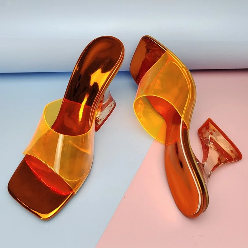 2022 Transparent PVC Women\'s Slippers Fashion Square toe Cup heeled Summer Female Mules Slides crystal High heels Sandals Shoes