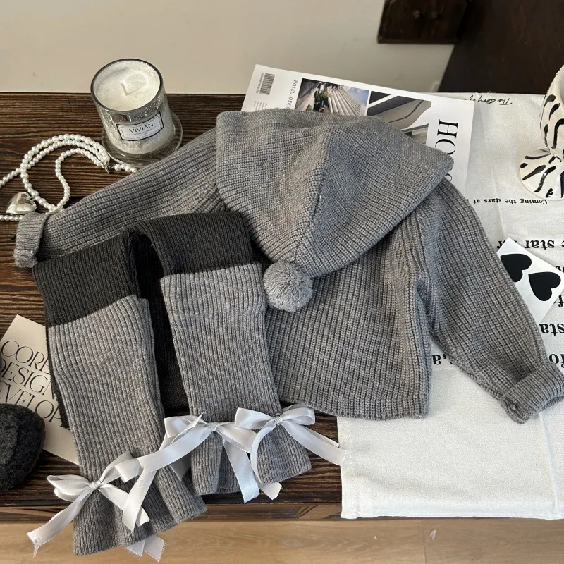 

Children's Clothing2025New Autumn Girls' Hooded Knitted Sweater and Knitted Leggings with Slouchy Socks Two-Piece Set Trendy