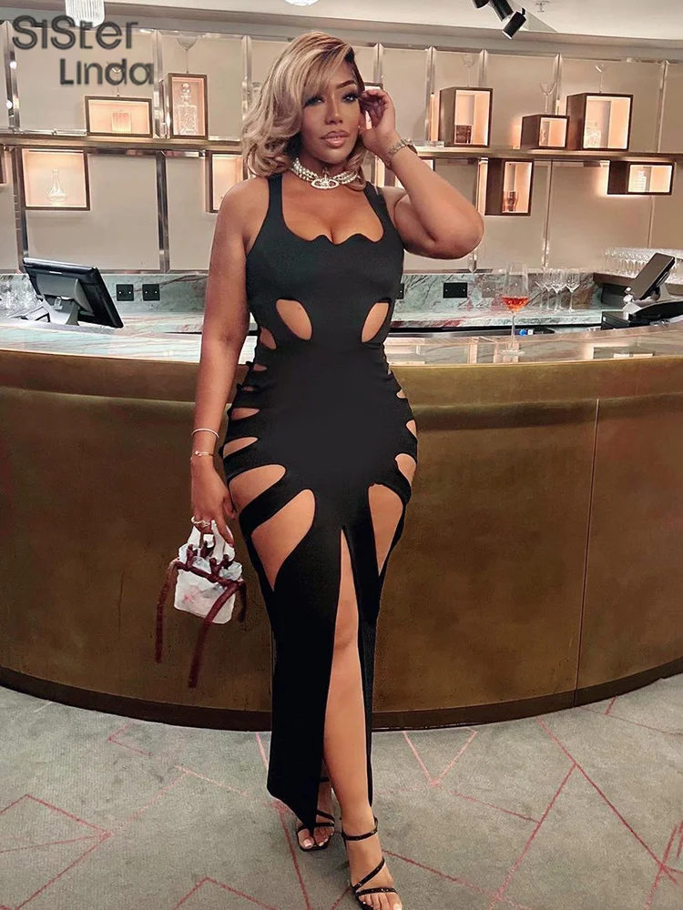 Sisterlinda-vestido Midi elegante y calado para Mujer, vestido Sexy sin mangas Hipster con abertura lateral, ropa ajustada para fiesta y discoteca 2023