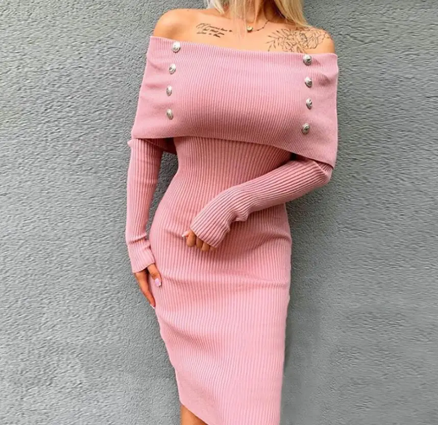 New Autumn/Winter Fashion Long Sleeved Knitted One Shoulder Hip Wrapping Solid Color Slim Fit Dress For Women,2 Colors