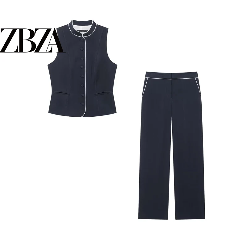 Fashionable Slim Fit Color Block Trim Vest Pants Set ZR Wind Women's Autumn Collection Two Piece Suit Stylish Contrast Detail